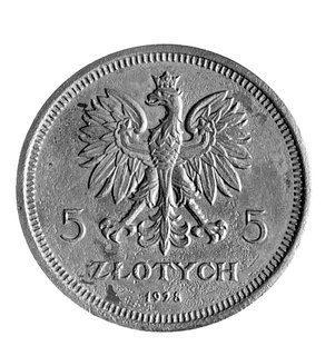 5 złotych 1928, Nike, Parchimowicz P-142 c, wybito 2 sztuki, miedź, waga 16,01g, bardzo rzadka moneta ze starą patyną.