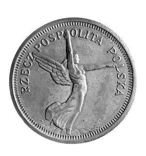 5 złotych 1928, Nike, Parchimowicz P-142 c, wybito 2 sztuki, miedź, waga 16,01g, bardzo rzadka moneta ze starą patyną.