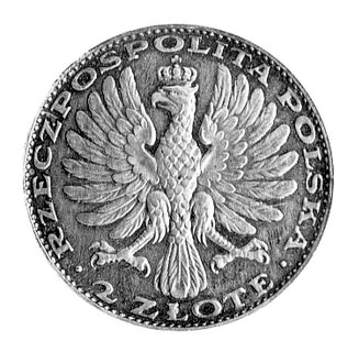 2 złote 1928, moneta prywatna, wybita w Norymberdze na zlecenie numizmatyka z Sopotu Waleriana Amrogowicza, stempel zaprojektował znany niemiecki medalier Karol Götz, nakład nieznany, srebro, waga 10,24g, Parchimowicz -, ogromnie rzadka, efektowna i pięknie zachowana moneta.