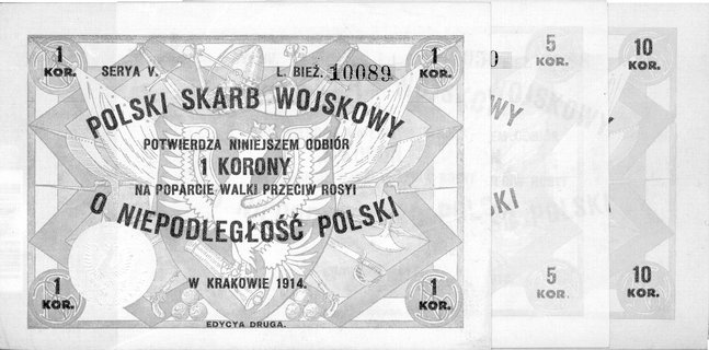 1, 5 i 10 koron, Kraków 1914, na poparcie walki przeciw Rosyi wydane przez Polski Skarb Wojskowy, Jabł. 677, 678, 679, razem 3 sztuki