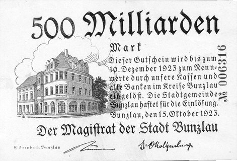 Bolesławiec /Bunzlau/- 500 miliardów marek 15.10.1923 ważne do 10.12.1923, A. Keller 666.f