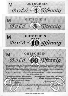 Chocianów- Małomice /Kotzenau- Malmmitz/- 1, 5, 10 i 60 fenigów w złocie 3.11.1923 wydane przez Wilhelmshütte Aktiengesellschaft, A. Keller 261.b, razem 4 sztuki