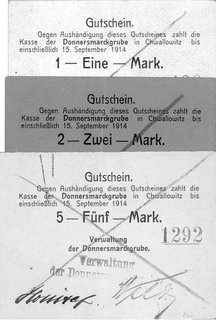 Chwałkowice /Chwallowitz/- 1, 2 i 5 marek bez daty emisji ważne do 15.09.1914, A. Keller 64, razem 3 sztuki
