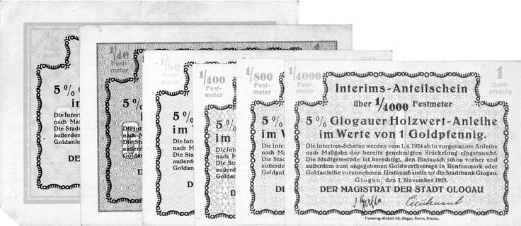 Głogów /Glogau/- 1, 5, 10, 50 fenigów w złocie, 1 i 5 marek w złocie 1.11.1923 ważne do 1.04.1924, A. Keller 183, razem 6 sztuk