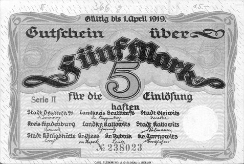 Górny Śląsk /Oberschlesien/- 5 marek bez daty emisji ważne do 1.04.1919, A. Geiger 392.2, dwa razy stempel \Ungültig\""
