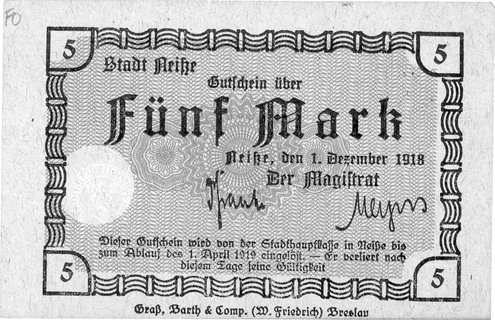 Nysa /Neisse/- 5 marek 1.12.1918 ważne do 1.04.1919, A. Geiger 369.01.c, sucha pieczęć, bez numeracji