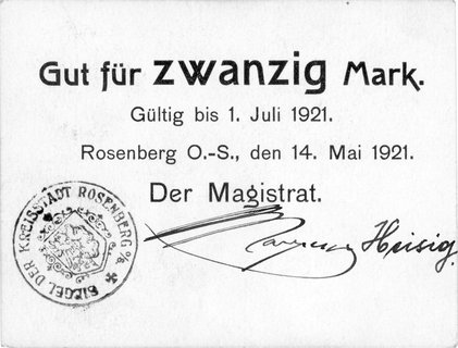 Olesno /Rosenberg/- 14.05.1921 ważne do 1.06.1921, A. Geiger 452.01.b