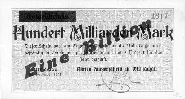 Otmuchów /Ottmachau/- 1 bilion marek 11.1923 emitowane przez Aktien- Zuckerfabrik, A. Keller 4229.d