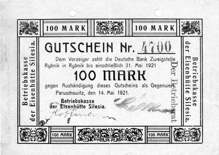 Paruszowiec /Paruschowitz/- 100 marek 14.05.1921 ważne do 31.05.1921, A. Geiger 408.02, perforowane