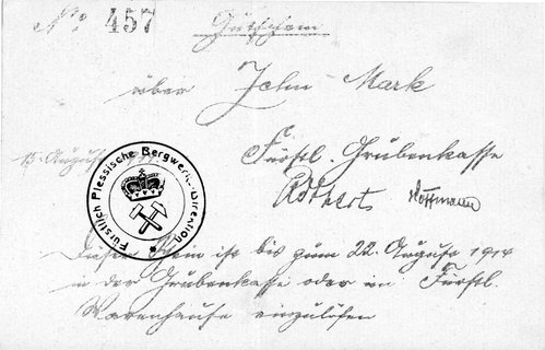 Wałbrzych /Waldenburg/- 10 marek 15.08.1914 ważne do 22.08.1914 emitowane przez Fürstlich Plessische Bergwerk- Direktion, A. Keller 415.I