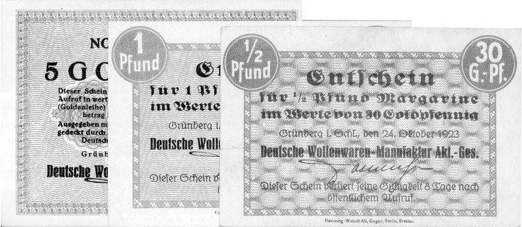 Zielona Góra /Grünberg/- 30, 60 fenigów i 5 marek w złocie 14.11.1923, A. Keller 194.a, b, g, razem 3 sztuki