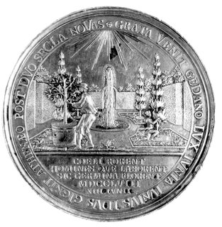 medal Ch. Wermutha wybity z okazji 200-Lecia Gimnazjum Gdańskiego 1758 r., Aw: Ogród w stylu francuskim z fontan- ną w środku