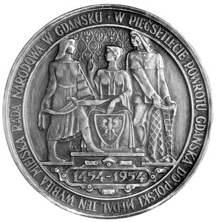 medal wybity z okazji 500-Lecia Powrotu Gdańska do Polski 1954 r., Aw: Postacie żeglarza, rybaka i kobiety