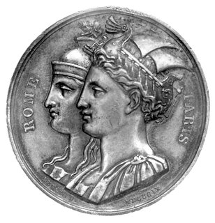 medal autorstwa Andrieu i Depaulisa na przyłączenie Rzymu do Francji 1809 r., Aw: Personifikacje Rzymu i Paryża w strojach antycznych w lewo i napis: ROME PARIS