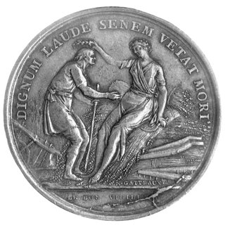 medal alegoryczny autorstwa N. Gatteaux i Andrieu, Aw: Scena zaślubin i sygn. ANDRIEU F., Rw: Para starych ludzi na tle zboża i narzędzi rolniczych i napis w otoku: DIGNUM LAUDE SENEM VETAT MORI, w odcinku: LE BON VIEILLI sygn. N. GATTEAUX, srebro 41 mm, 32.73 g.
