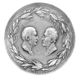 medal autorstwa Loosa wybity z okazji wkroczenia zwycięskich wojsk angielskich i pruskich do Paryża w 1815 r., Aw: W wieńcu laurowym zwrócone do siebie popiersia Blüchera i Wellingtona, u dołu LOOS, Rw: Napis poziomy: DER ENTSCHEIDENDEN HELDEN- SCHLACHT.. PARIS D. 7. JULIUS 1815, Bramsen 1673, srebro 36 mm, 13.69 g.