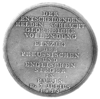 medal autorstwa Loosa wybity z okazji wkroczenia zwycięskich wojsk angielskich i pruskich do Paryża w 1815 r., Aw: W wieńcu laurowym zwrócone do siebie popiersia Blüchera i Wellingtona, u dołu LOOS, Rw: Napis poziomy: DER ENTSCHEIDENDEN HELDEN- SCHLACHT.. PARIS D. 7. JULIUS 1815, Bramsen 1673, srebro 36 mm, 13.69 g.