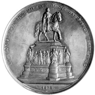 medal autorstwa C. Loosa i W. Kullricha wybity z okazji budowy pomnika Fryderyka Wilhelma III w 1878 r., Aw: Popier- sie pary królewskiej w prawo, u dołu sygn. C. LOOS DIR, W. KULLRICH, Rw: Pomnik konny króla i napis w otoku: DEM KÖNIGE FRIEDRICH WILHELM III DIE DANKBAREN RHEINLANDE, w odcinku 1878, Bahrfeldt-Marien- burg 6141, brąz 61 mm