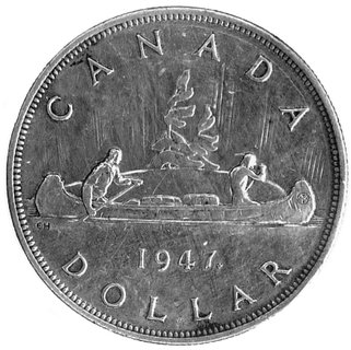 1 dolar 1947, Aw: Głowa króla Jerzego VI, Rw: Łódź indiańska, niżej data i liść klonowy, bardzo rzadka odmiana.