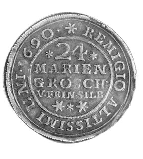 gulden 1690, Aw: Dziki człowiek, Rw: Napisy, Dav. 336, Welter 2079.