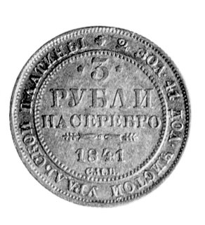 3 ruble 1841, Sankt Petersburg, Aw: Orzeł dwugłowy, Rw: Napisy w poziomie i w otoku, Uzdenikow 0400, Fr. 143, platyna, waga 10,30g.
