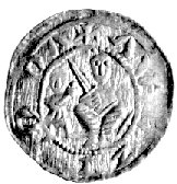 denar, Aw: Książe na tronie z mieczem w dłoni i jabłkiem, z lewej giermek i napis: VALD.., Rw: Rycerz walczący z lwem, Str.40, Gum.82, 0,59 g.