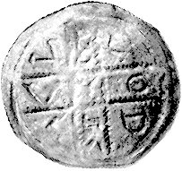 denar 1177- 1201, mennica Wrocław potem Racibórz, Aw: Krzyż dwunitkowy, w polu napis LODIZLAVS, Rw: Dwie posta- cie z chorągwią (słabo widoczne), Such.3a, Str.174ab, Gum.167, 0,37 g.