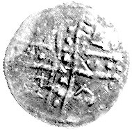 denar ok. 1190- 1201, mennica Racibórz, Aw: Krzyż dwunitkowy, w polu litery LID..., Rw: Dwaj książęta z chorągwią i li- tery S, N, Such.3b (odmiana), 0,25 g.