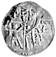 denar ok. 1190- 1201, mennica Racibórz, Aw: Krzyż dwunitkowy, w polu litery LID..., Rw: Dwaj książęta z chorągwią i li- tery S, N, Such.3b (odmiana), 0,25 g.