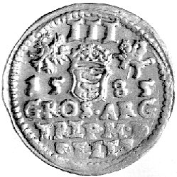 trojak 1585, Wilno, Kurp. 313 R1, Gum. 763, herb Lis pod popiersiem króla