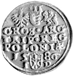 trojak 1586, Olkusz, Kurp. 199 R1, Gum. 717, literki NH na końcu napisu obok korony