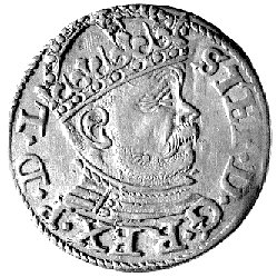 trojak 1586, Ryga, Kurp. 445 R, Gum. 814, popiersie króla z dużą głową