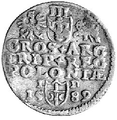 trojak 1589, Olkusz, Kurp. 556 R, Wal. X 3, na końcu napisu, przy koronie - leżący półruszt (znak mennicy olkuskiej)