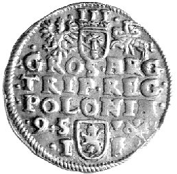 trojak 1595, Poznań, Kurp. 802 R1, Wal. VI 15 R2, literki V-I po bokach znaku mennicy poznańskiej