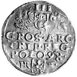 trojak 1598, Kraków, Kurp. 1121 R2, Wal. LXXXIX 1, po bokach herbu Lewart literki HR-R