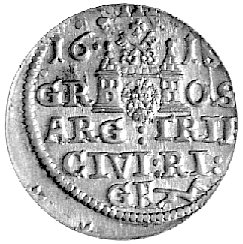 trojak 1619, Ryga, Kurp. 2533 R3, Gum. 1457, popiersie króla z małą głową, moneta wybita niecentrycznie