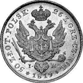 50 złotych 1819, Warszawa, Plage 4, Fr. 107, złoto, 9,78 g., ładnie zachowany egzemplarz ze starą patyną