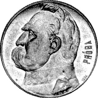 5 złotych 1934, Piłsudski, Orzeł Strzelecki, na rewersie napis PRÓBA, Parchim, P-146 c, wybito 100 sztuk, brąz, 9,75 g., ładny egzemplarz