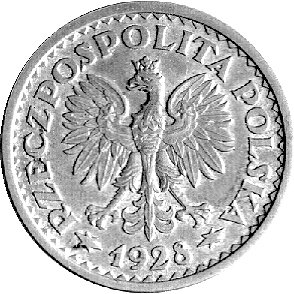1 złoty 1928, znak mennicy warszawskiej na rewersie po wyrazie ZŁOTY, Parchimowicz P-127 b, wybito 105 sztuk, brąz, 6,97 g., patyna