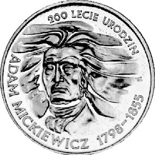 2 złote 1998, Warszawa, Adam Mickiewicz, moneta wybita ale nie wprowadzona do obiegu przez NBP z powodu braku kreski w napisie 200 LECIE, ogromna rzadkość