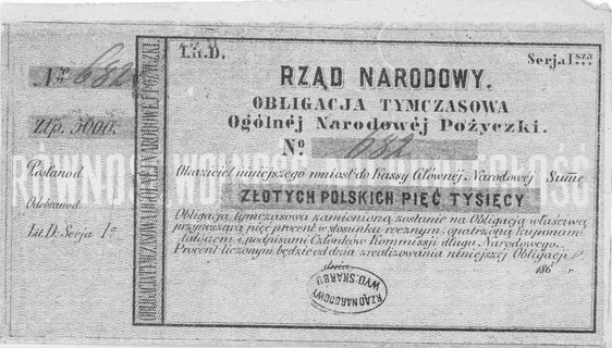 obligacja tymczasowa Rządu Narodowego na sumę 5.000 złotych-, Moczydłowski S.12, pieczęć owalna i numeracja odręczna