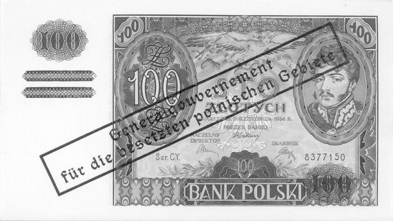 100 złotych 9.11.1934, na stronie głównej nadruki, Pick 90, ogromna rzadkość w bankowym stanie zachowania