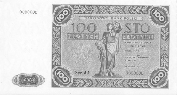 100 złotych 1.07.1948, Ser.AA 0000000, Pick-, druk w kolorze niebieskim