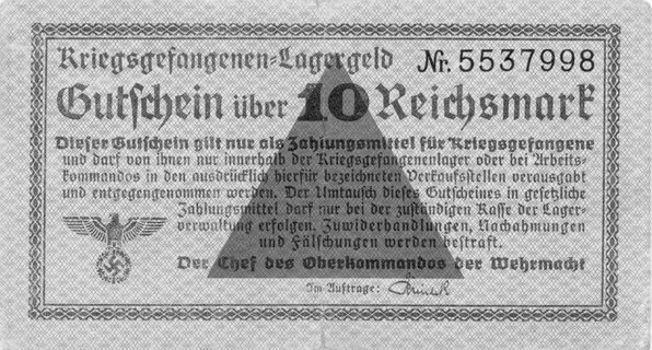 Wermacht- pieniądz obozu jeńców wojennych- 10 marek (1944), Campbell 3757, Ros. 422