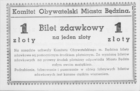 Będzin- 1 złoty 8.09.1939, emitowane przez Komitet Obywatelski Miasta Będzina, Jabł.4191