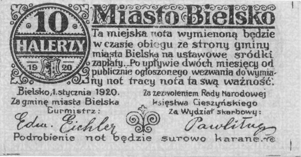 Bielsko- 10 i 20 halerzy 1.01.1920 emitowane przez Gminę, napisy polskie i niemieckie, Jabł.2583 (20 halerzy nienotowane) razem 2 sztuki