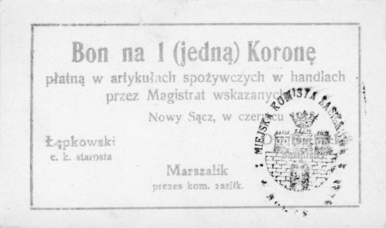 Nowy Sącz- bony na 1 koronę 1918 w czterech odmianach kolorystycznych z różnymi pieczęciami emitowane przez Ko- misję Zasiłkową Miasta, Jabł.400, razem 4 sztuki