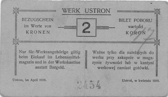 Ustroń- bilet poboru wartości 2 i 5 koron (kwiecień 1920), Jabł.2613, 2614, razem 2 sztuki