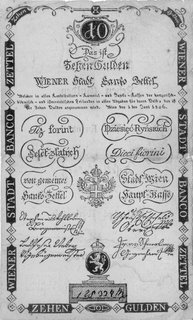 dziesięć ryńskich (10 guldenów) 1.06.1806, Pick A39, na banknocie jest określenie wartości w języku polskim