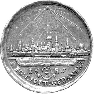 medal autorstwa Jana Höhna jun. wybity w 1685 r. w Gdańsku, Aw: Popiersie króla w wieńcu laurowym na głowie i napis: IOAN III D G REX POLONIARUM, sygn. IH pod popiersiem, Rw: Widok Gdańska, herb i data 1685 i napis w otoku: REG. CIVIT GEDANENS, H-Cz.2495 R3, Racz.213, srebro 28 mm, 13,05 g., patyna